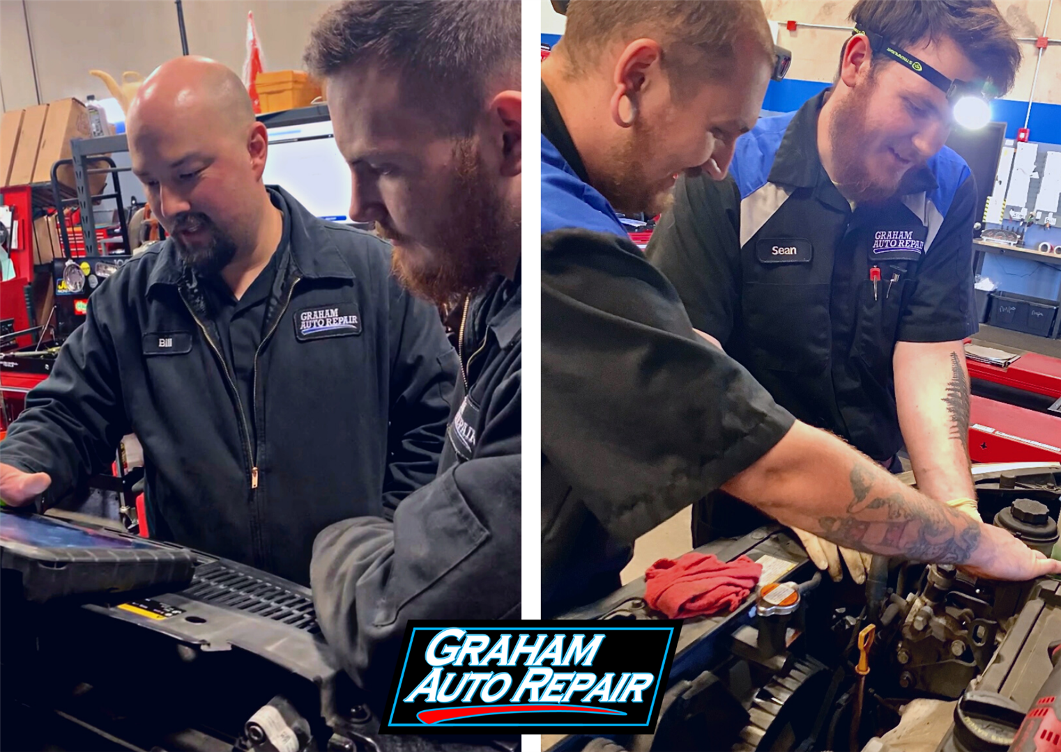 Graham Auto Repair Technician Sean Learning from Lead Techs Bill and Tyler